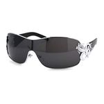 Womens Coy Metal Jewel Designer Fashion Shield Warp Sunglasses Black Silver