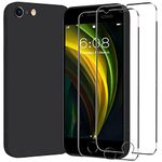 For iPhone SE 2020 2022 Case with 2 x Tempered Glass Screen Protector,iPhone SE 5G (3rd Generation) Liquid Silicone Phone Case,iPhone 7 8 Shockproof Cover,Silky-Soft Touch Full-Body Case,4.7”,Black