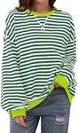 TERIVEEK Women Oversized Striped Color Block Long Sleeve Crew Neck Sweatshirt Casual Loose Pullover Y2K Shirt Top, Green White, X-Large