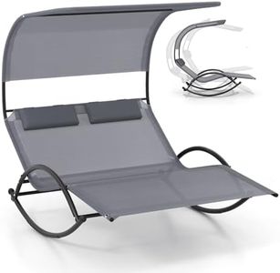 GOPLUS Transat à Bascule 2 Personnes Jardin Exterieur, Lit de Repos à Bascule pour 2 Personnes avec Auvent Pare-Soleil, Oreillers Appui-tête, Cadre en Métal, pour Patio, Piscine, Charge 300KG (Gris)