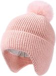 FURTALK Toddler Baby Winter Hat Warm Fleece Lined Knit Kids Hat with Earflap Infant Newborn Pom Beanie Knit Cap Girls Boys Pink