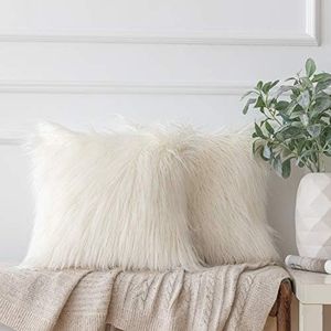 Ashler HOME DECO Pack of 2 Decorative Luxury Style Beige-White Faux Fur Throw Pillow Case Cushion Cover 18 x 18 Inches 45 x 45 cm