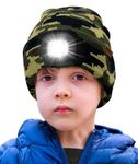 ATNKE Kids LED Lighted Beanie Hat,USB Rechargeable 4 LED Running Headlamp Ultra Bright Cap with Light Hands Free Head Torch Winter Warm Knit Beany Great Gifts for Boys and Girls/Camouflage Green