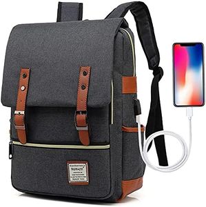 UGRACE Vintage Laptop Backpack with USB Charging Port, Elegant Water Resistant Travelling Backpack Casual Daypacks School Shoulder Bag for Men Women, Fits up to 15.6Inch MacBook in Black