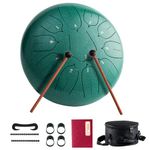 Steel Tongue Drum 11 Notes 10 Inch Hand Drums - D Major Metal Handpan Drums Hand Percussion Musical Instrument with Bag Drum Mallets Music Book for Adults Kids Beginner-Green