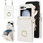 Draamvol for Samsung Galaxy Z Flip 6 Case Wallet Shockproof Leather Galaxy Z Flip 6 Phone Case with Card Holder Ring Holder Detachable Necklace Magnetic RFID Blocking Hinge Protection Cover,White