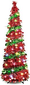 5 FT Collapsible Sequin Pop Up Christmas Tree with 90 LED Lights, Skinny Pencil Tinsel Xmas Tree with Stand for Apartments