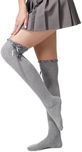 TOCONFFON Women's Girls Thigh High Stockings Over the Knee Socks with Satin Bows(Light Grey,One Size)