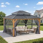 SUNJOY 3.9X4.5m Permanent Wooden Garden Gazebo, Waterproof Steel 2-Tier Roof, Privacy Curtains & Mosquito Nets, UV-resistant Shelter, Heavy Duty Hardtop Pavilion for Outdoor Patio Parties