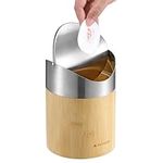 Navaris Bamboo Mini Trash Can - Small Bin with Stainless Steel Swing Lid for Easy Access - Desktop Bin Ideal for Office, Bathroom and Kitchen Counter - Compact and Easy to Clean