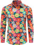 Funny 70s Shirts Disco Hip Hop Long Sleeve Dress Shirt Casual Button Down Shirt for Men, Colorful Hippie Floral, Medium