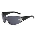 YAMEIZE Sport Cycling Wrap Around Sunglasses-Rimless One Piece Trendy Five Star for Women Men Sun Glasses Black Black Grey