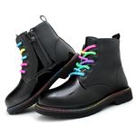 Hawkwell Girls Boys Combat Ankle Boots Side Zipper Work Boots with Rainbow Lace Up,Black Patent PU,10 M US Toddler