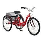 Schwinn Meridian Adult Tricycle Bike, Mens and Womens Three Wheel Beach Cruiser, 26-Inch Wheels, Low Step-Through Frame, Wide Seat, Rear Folding Basket, 1-Speed, Red