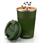 MOMSIV Coffee Cup, Insulated Coffee Cup with Leakproof Lid, Non-Slip Vacuum Reusable Stainless Steel Eco-Friendly Travel Office Mug for Hot and Cold Water Coffee and Tea, 380ml/13oz(ArmyGreen)