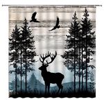 Rustic Deer Shower Curtain Cabin Vintage Wooden Board Tree Forest Moose Animal Wildlife Nature Blue Black Extra Long Bathroom Decor Curtain with Hooks,70" Wx84 H