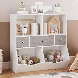 Alkmaar Kids Bookshelf and Bookcase Toy Storage Multi Shelf with Cubby Organizer Cabinet and Drawers for Boys Girls for Children's Room Playroom Hallway Bedroom (White)