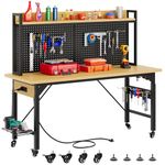 DWVO 60" Adjustable Workbench with Pegboard, Heavy Duty Wood Top Work Bench with Wheels, 1600 LBS Load Capacity, Rolling Work Table with AC/USB Outlet, Hooks, Rack for Garage, Workshop, Office, Home