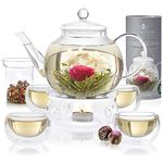 Teabloom Complete Tea Set - Borosilicate Glass Teapot with 12 Flowering Teas, Tea Warmer, 4 Double Wall Teacups & Removable Glass Infuser for Loose Leaf Tea - Celebration Flowering Tea Gift Set