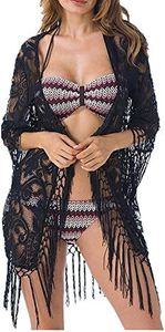 Jusfitsu Femmes Gland Été Kimono Dentelle Crochet T-Shirt Top Cardigan Blouse Tunique, Noir3, S