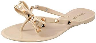 TOP Moda Womens Studded Jelly Flip Flops Sandals with Bow, Nude, 5