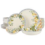 Bloomhouse - Oprah's Favorite Things - Posy Blossom Double Bowl Hand Painted Stoneware Plates and Bowls Floral Dinnerware Set, Service for Four (16pcs)