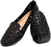 HEAWISH Women's Floral Ballet Flats for Women Black Beige Slip On Flowers PU Leather Round Toe Dress Shoes, Black, 8