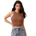 GLARE & BLAIR Slim Fit Solid Round Neck Sleeveless Ribbed Tank Crop Top For Women's (Small, Brown) - Slim Fit