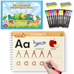 Preschool Toddlers Handwriting 66 Pages Practice Book for3-5 Years Reusable Pages Montessori Busy Book Numbers Alphabet Learning Educational Toys (With 12 erasable writing pens and 2 sponge erasers)