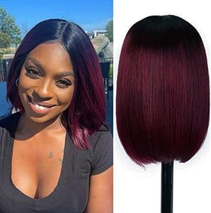 DÉBUT Pelucas Bob rectas de color rojo degradado, parte en T, peluca de encaje frontal Bob prearrancada con pelo de bebé, 150% densidad de pelo virgen brasileño para mujeres (25 cm, rojo ombre)
