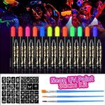 CHASPA UV Neon Face Paint Glow in Dark 12 Colors Water Based Fluorescent Body Paint Sticks Crayons with stencils and brushes under Blacklight for Glow Party, Discos, Halloween