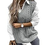 heekpek Sweater Vest Women V Neck Sleeveless Sweaters Tank Top Oversized Cable Knitted Casual Loose Pullover for Girls Light Grey