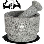 Granite Mortar and Pestle Set - 5.5 Inch, 17 Oz - Unique Double Sided - Pestle and Mortar Bowl Solid Stone Grinder - Guacamole Mortar and Pestle Large - Included: Silicone Lid/Mat and Spoon