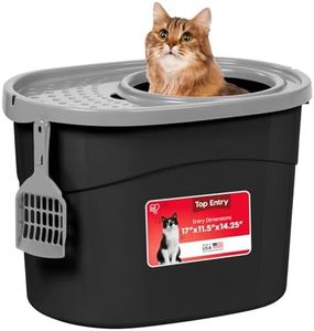 IRIS USA Large Simple Round Top Entry Cat Litter Box with Scoop, Curved Kitty Litter Pan with Litter Particle Catching Cover and Privacy Walls, Black/Gray