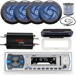 Pyle In-Dash Marine Boat AM/FM USB AUX Radio Headunit Receiver Bundle Combo with 4x 4'' Full-Range 2-Way 100W Blue Light LED Speakers, 4-Channel Bluetooth Amplifier, Radio Shield, Wire, Antenna