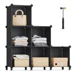 SONGMICS 6 Cube Storage Organizer, DIY Closet Shelf, Plastic Clothes Organizer, Modular Bookcase, 11.8 x 11.8 x 11.8 Inch Cubes, with Feet and Rubber Mallet, Black ULPC06H