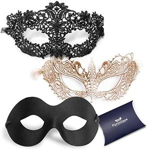 Masquerade Mask for Couples Women and Men - 3 Pack Venetian Gold and Black Lace, Mardi Gras Mask