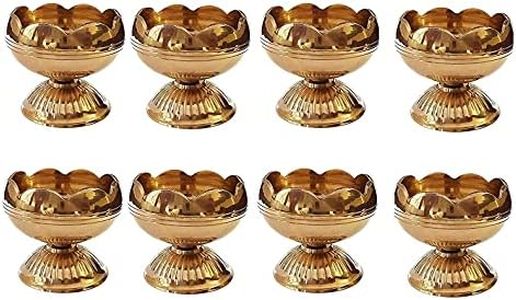 SATVIK 8 Pc Brass Diya for Diwali Decoration. Handmade Golden Virgin Brass Metal Oil Lamp Dia Kutthu Vilakku for Puja Pooja. Traditional Indian Deepawali Housewarming Return Gift Items Bulk