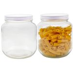 Clear Half Gallon Wide-mouth Glass Jars (2-Pack), 64-Ounce / 2-Quart Capacity with White Metal Lids, BPA-Free