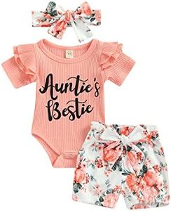 Newborn Baby Girl Auntie Outfits Auntie's Bestie Short Sleeve Ribbed Romper Floral Shorts Clothes with Headband (A-Pink, 0-3 Months)