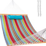 Lazy Daze 12 FT Quilted Fabric Double Hammock with Spreader Bars and Detachable Pillow, 2 Person Hammock for Outdoor Patio Backyard Poolside, 450 LBS Weight Capacity, Blue&Red Stripes