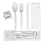 Value Plus 6 Piece Medium Heavy White Plastic Cutlery Disposable 500 Count, Knife Fork Spoon Napkin Salt and Pepper Sachet, Individually Wrapped Cutlery Kits, Bulk Plastic Cutlery Silverware Set