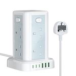 Tower Extension lead with USB Slots, Toomke 8 Way (13A/3250W) Plug Extension Socket Tower with 3 USB C and 3 USB A, Overload Protection Extension Cord with 4 Independent Switches, Power Cord 1.8M