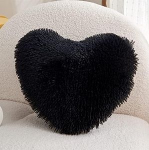MOOWOO Black Fluffy Heart Pillow, Faux Fur Throw Pillow,Sherpa Plush Fluffy, Cute Soft Throw Cushion, Valentines Day,Thanks Giving Days,Christmas Day Decorative for Home Bed Couch (Black)