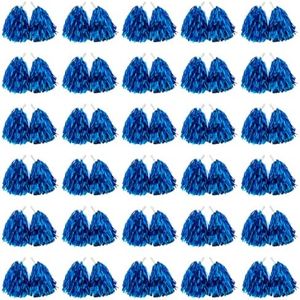 60pcs Cheerleader Pom Poms with Baton Handle Blue Metallic Pompoms for Kids Adults Sport Team Party Dance Cheering