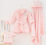 Happy Woody Baby Girl Bathrobe Set (4 Pieces),%100 Organic Cotton, Newborn Gift Set, Baby Hooded Towel, Bathroom Baby Gift Box (Pink)