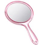 Hand Mirror Double Sided Handheld Mirror 1X/ 2X Magnifying Mirror with Handle Mirror Rounded Shape Makeup Mirror (Pink)