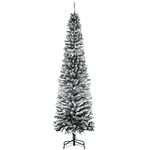 HOMCOM 7.5 ft Snow Flocked Pencil Christmas Tree, Artificial Slim Xmas Tree with Realistic Branch Tips, Folding Metal Stand, Green