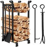 AMAGABELI GARDEN & HOME Firewood Rack Outdoor Indoor Heavy Duty Fireplace Tool Rack Firewood Holder Outdoor Wood Rack With 4 Pcs Tools Wrought Iron Wood Storage Log racks For Wood Stove Black