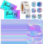 630 Pieces Thank You Cards and Stickers Set with 30pcs Resealable Packaging Bag 500pcs Small Business Roll Stickers 100pcs Thank You Business Card for Business (Holographic)